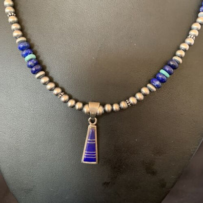 Men's Navajo Pearl Blue Lapis Turquoise Inlay Pendant Necklace | Sterling Silver | 21" | 12610