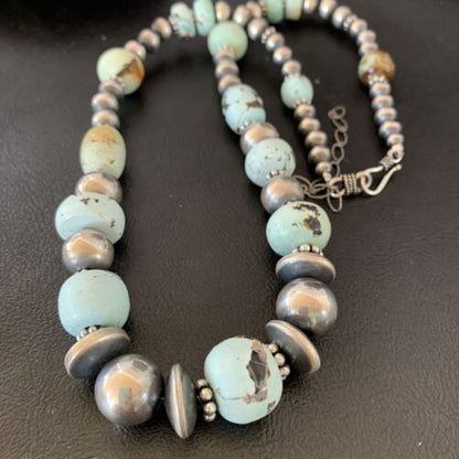 Navajo Pearl Dry Creek Turquoise Beads Necklace | Sterling Silver | 21" | Authentic Native American Handmade | 10978