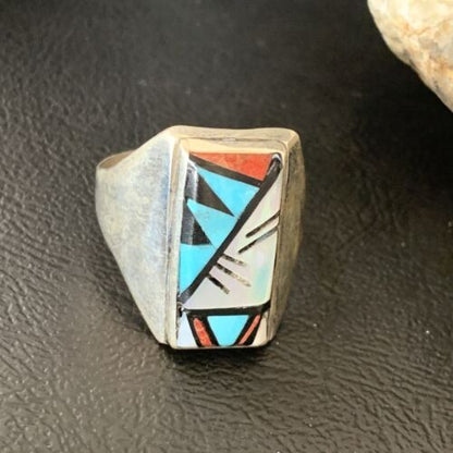 Native American Zuni Men's Spiny Blue Turquoise Ring | Sterling Silver Inlay | Sz 15 | 12425