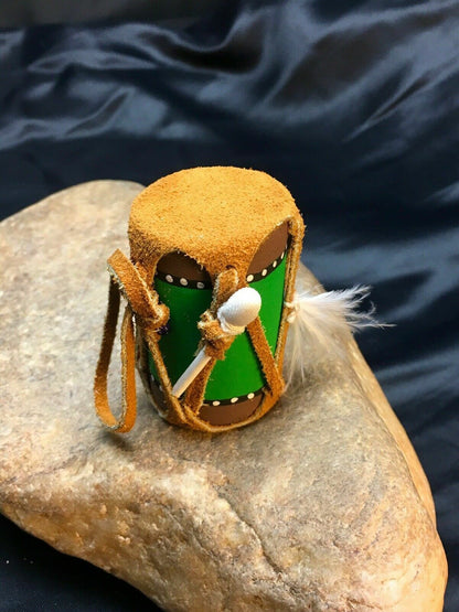 Navajo Leather Drum Car Charm | 2" Mirror Dangler | Handmade Miniature | 8923