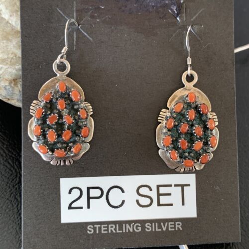 Navajo Sterling Silver Red Coral Cluster Pendant Earrings Set | Authentic Native American Handmade | 02155