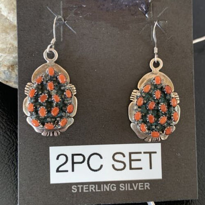 Navajo Sterling Silver Red Coral Cluster Pendant Earrings Set | Authentic Native American Handmade | 02155