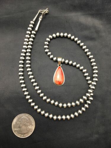 Navajo Red Spiny Oyster Pendant Necklace | Sterling Silver | Authentic Native American Handmade | 4412