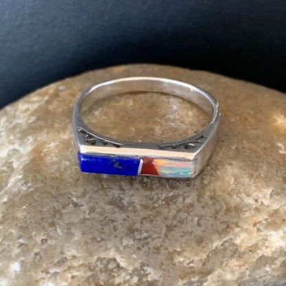 Navajo Opal Blue Lapis Red Coral Inlay Ring | Sz 7 | Authentic Native American Handmade | 11140