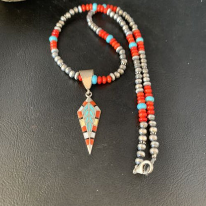 Navajo Blue Turquoise Coral Pendant Necklace | Sterling Silver Inlay | Authentic Native American Handmade | 13840