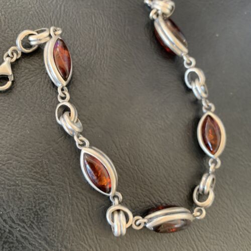Navajo Deep Gold Amber Link Bracelet | Sterling Silver | 8.25" | Authentic Native American Handmade | 12656