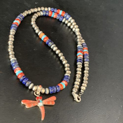 Navajo Dragonfly Pendant | Sterling Silver Turquoise Coral Multi-Color Inlay | Authentic Native American Handmade | 13556 - Masha USA