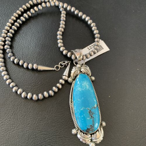 Men's Navajo Pearls Necklace with Blue Kingman Turquoise Pendant | Sterling Silver | Native American Handmade | 12381