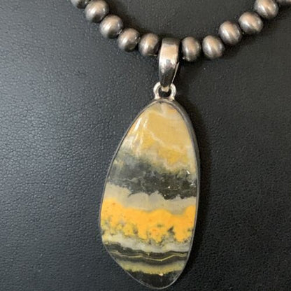 Navajo Yellow Bumblebee Jasper Pendant Necklace | Sterling Silver | Authentic Native American Handmade | 12808