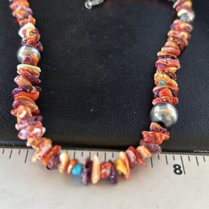 Navajo Multi-Color Spiny Oyster Necklace | Sterling Silver | 21" | Authentic Native American Handmade | 14306