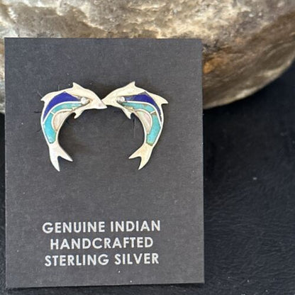 Navajo Multi-Color Dolphin Earrings | Turquoise Lapis Inlay | Sterling Silver | Authentic Native American Handmade | 14657