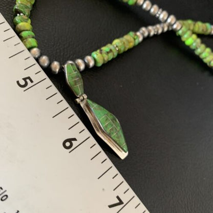 Navajo Green Gaspeite Turquoise Inlay Pendant | Sterling Silver | Authentic Native American Handmade | 13267