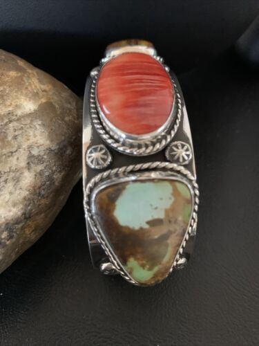 Navajo Green Royston Turquoise Spiny Oyster Cuff Bracelet | Sterling Silver | Authentic Native American Handmade | 1379