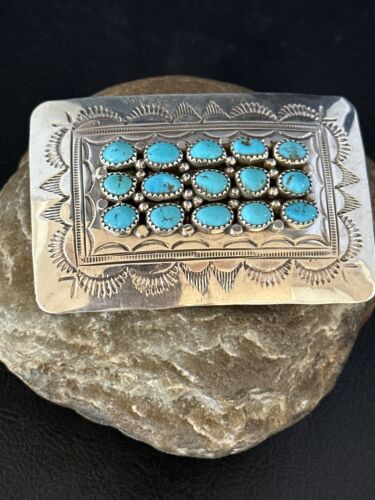 Navajo Blue Kingman Turquoise Concho Belt Buckle | Sterling Silver | Authentic Native American Handmade | 14795