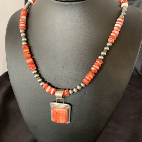 Navajo Pearls Necklace with Red Spiny Oyster Pendant | Sterling Silver | Authentic Native American Handmade | 11324