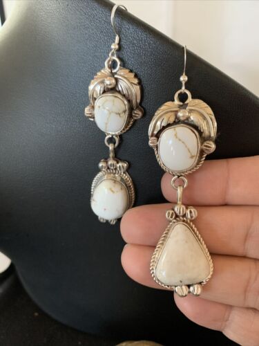Navajo White Buffalo Turquoise Dangle Earrings | Sterling Silver | 2.50" | Authentic Native American Handmade | 1662