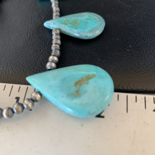 Navajo Teardrop Blue Turquoise Necklace | Sterling Silver Pearls | 20" | Authentic Native American Handmade | 13957