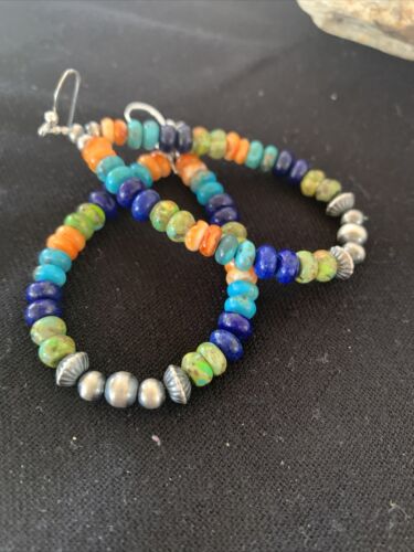 Navajo Sterling Silver Bead Earrings | Spiny, Turquoise & Lapis Dangle | Authentic Native American Handmade | 1413
