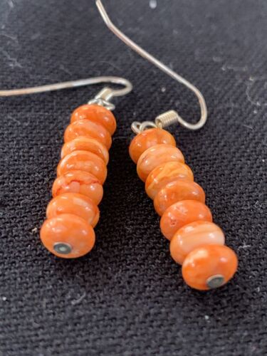 Native American Navajo Orange Spiny Oyster Bead Earrings | Sterling Silver | 13057