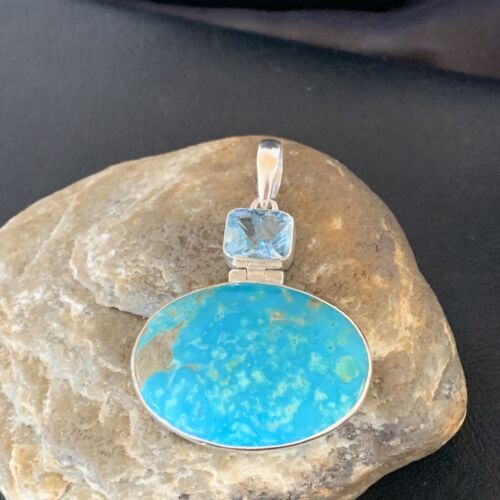 Navajo Blue Topaz Turquoise Multi-Stone Pendant | Authentic Native American Sterling Silver | 2.25" | 10713