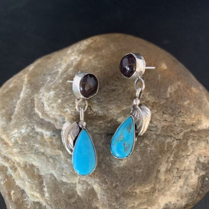 Navajo Sterling Silver Dangle Leaf Earrings | Purple Sugilite & Blue Turquoise | 13443