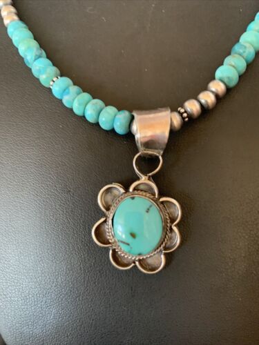 Navajo Blue Turquoise Pendant Necklace | Sterling Silver Pearls | Authentic Native American Handmade | 13217