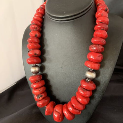 Navajo Red Coral Bead Necklace | Sterling Silver | Graduated 21" | Authentic Native American Jewelry | 13160