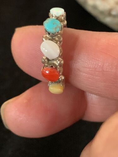 Zuni Opal, Coral, Turquoise Multi-Stone Ring | Authentic Native American Sterling Silver | Sz 6.5 | 8838