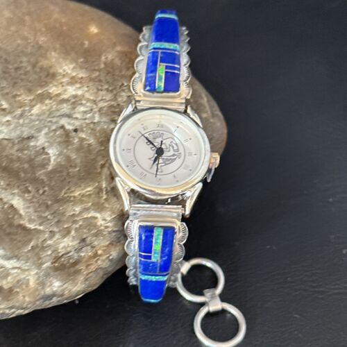 Authentic Navajo Blue Lapis & Opal Inlay Wristwatch | Sterling Silver Tips | Native American Jewelry | 14394