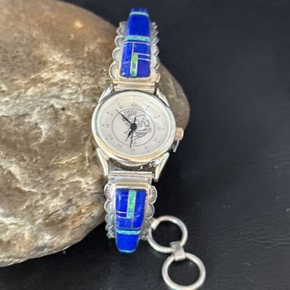 Authentic Navajo Blue Lapis & Opal Inlay Wristwatch | Sterling Silver Tips | Native American Jewelry | 14394