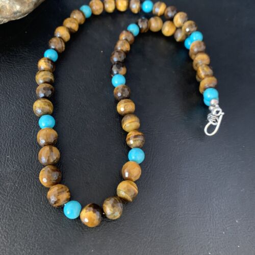 Navajo | Sterling Silver Necklace | Brown Tiger's Eye & Blue Turquoise | 20" | Authentic Native American Handmade | 13895