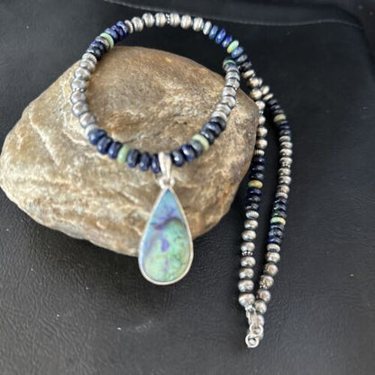 Navajo Green Turquoise Lapis Necklace with Opal Pendant | Sterling Silver | Authentic Native American Handmade | 14370