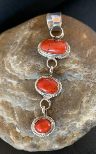 Navajo Red Coral Multi-Stone Necklace Pendant | Authentic Native American Sterling Silver | Multi-Stone | 13244 - Masha USA