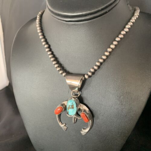Navajo Pearl Necklace with Royston Turquoise & Coral Naja Pendant | Sterling Silver | 13645