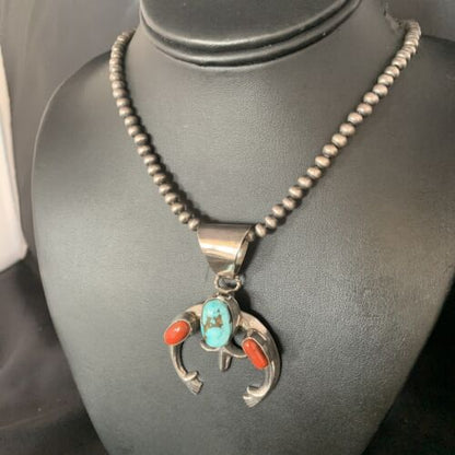 Navajo Pearl Necklace with Royston Turquoise & Coral Naja Pendant | Sterling Silver | 13645