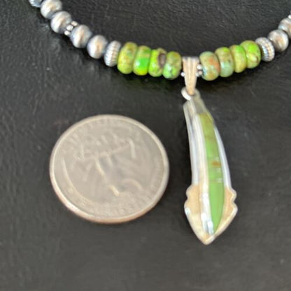 Navajo Green Turquoise Pendant Necklace | Sterling Silver | 22" | Authentic Native American Handmade | 14612