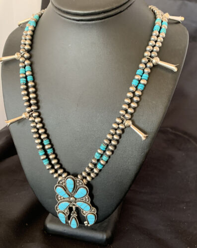 Zuni Sleeping Beauty Turquoise Inlay Necklace | Sterling Silver Squash Blossom | 12232