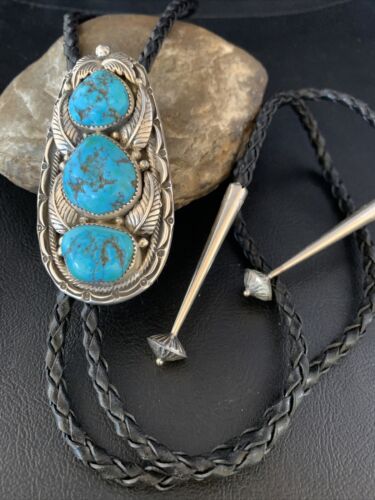 Ultra Rare Navajo Men's Bolo Tie | Blue Kingman Turquoise | Sterling Silver | Authentic Native American Handmade | 13667