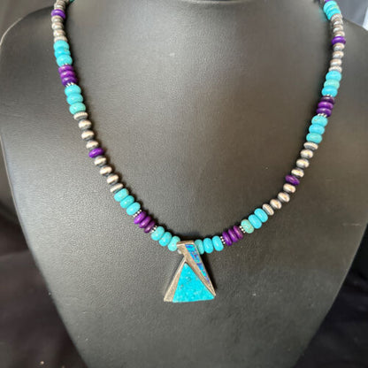 Navajo Blue Turquoise Sugilite Pendant | Sterling Silver Inlay Necklace | Authentic Native American Handmade | 14642