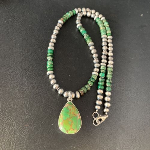 Navajo Pearls Green Mojave Turquoise Pendant Necklace | Sterling Silver | Native American Handmade | 13460