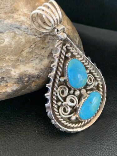 Navajo Blue Turquoise Cluster Pendant | Sterling Silver | 3" | Authentic Native American Handmade | 02103