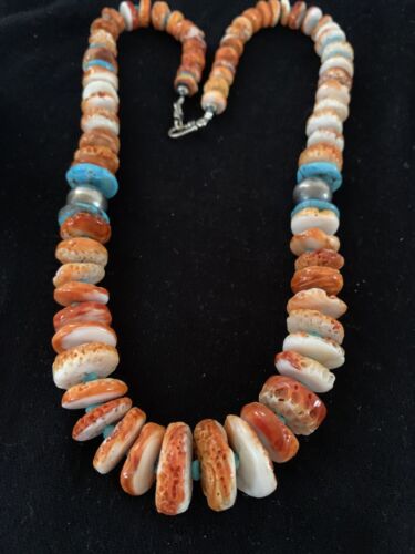 Navajo Pearls, Orange Spiny Oyster & Turquoise Necklace | Sterling Silver | Authentic Native American | 24"
