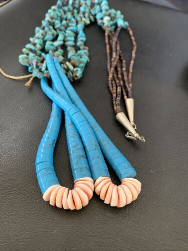 Native American Santo Domingo Spiny Blue Turquoise Shell Jacla Necklace | 3-Strand 27" | 12495