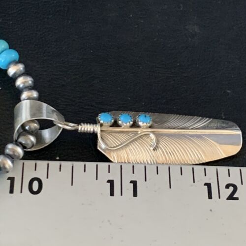 Navajo Blue Turquoise Feather Pendant Necklace | Authentic Native American Sterling Silver | Multi-Stone | 13821