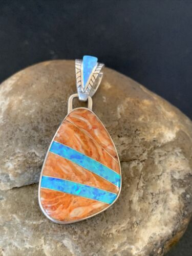 Men's Navajo Orange Spiny Oyster Blue Opal Inlay Pendant | Sterling Silver | Authentic Native American Handmade | 12485