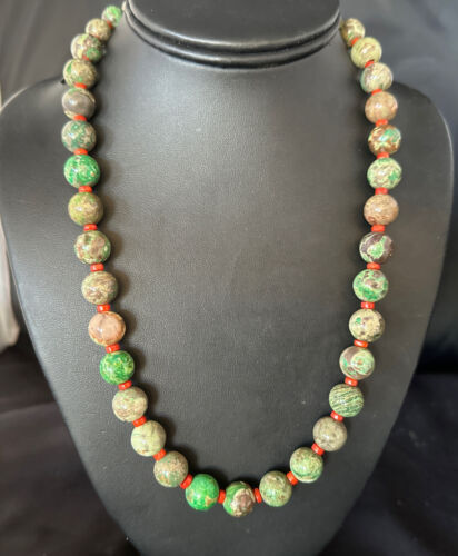 Navajo Green Turquoise Red Coral Necklace | Sterling Silver | 20" | Authentic Native American Handmade | 14736