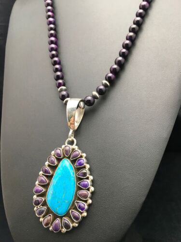 Navajo Purple Sugilite Turquoise Necklace | Sterling Silver | 23" | Authentic Native American Handmade  | 1001
