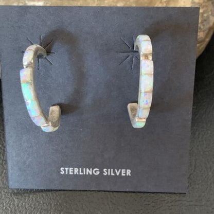 Native American Navajo Hoop Earrings Set | Sterling Silver White Opal | 12772
