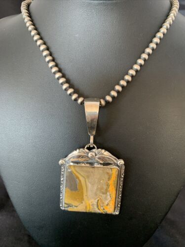 Navajo Bumblebee Jasper Pendant Necklace | Sterling Silver | Authentic Native American Handmade | 10462