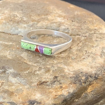 Native American Navajo Green Gaspiete Sugilite Red Coral Inlay Ring | Sz 8.25 | 10986 - Masha USA